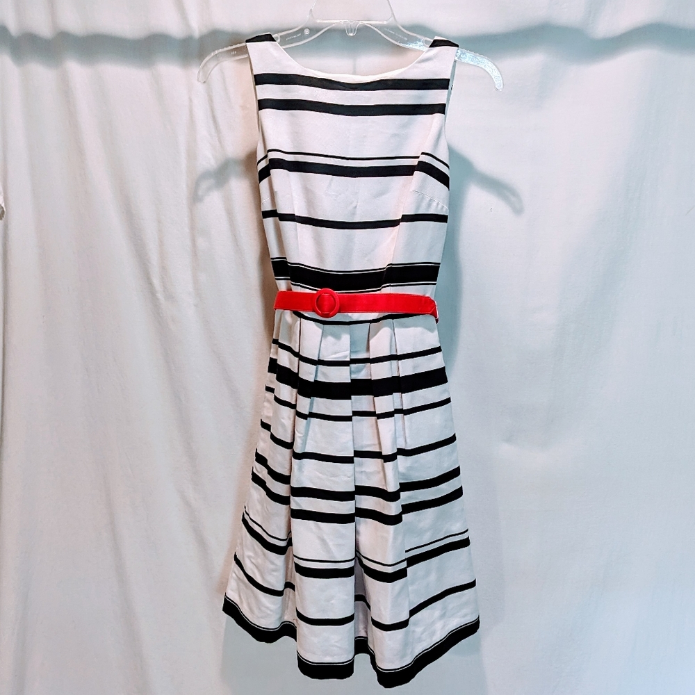 WHBM Black & White Sleeveless Striped Dress w/ Pink Belt | Size 0